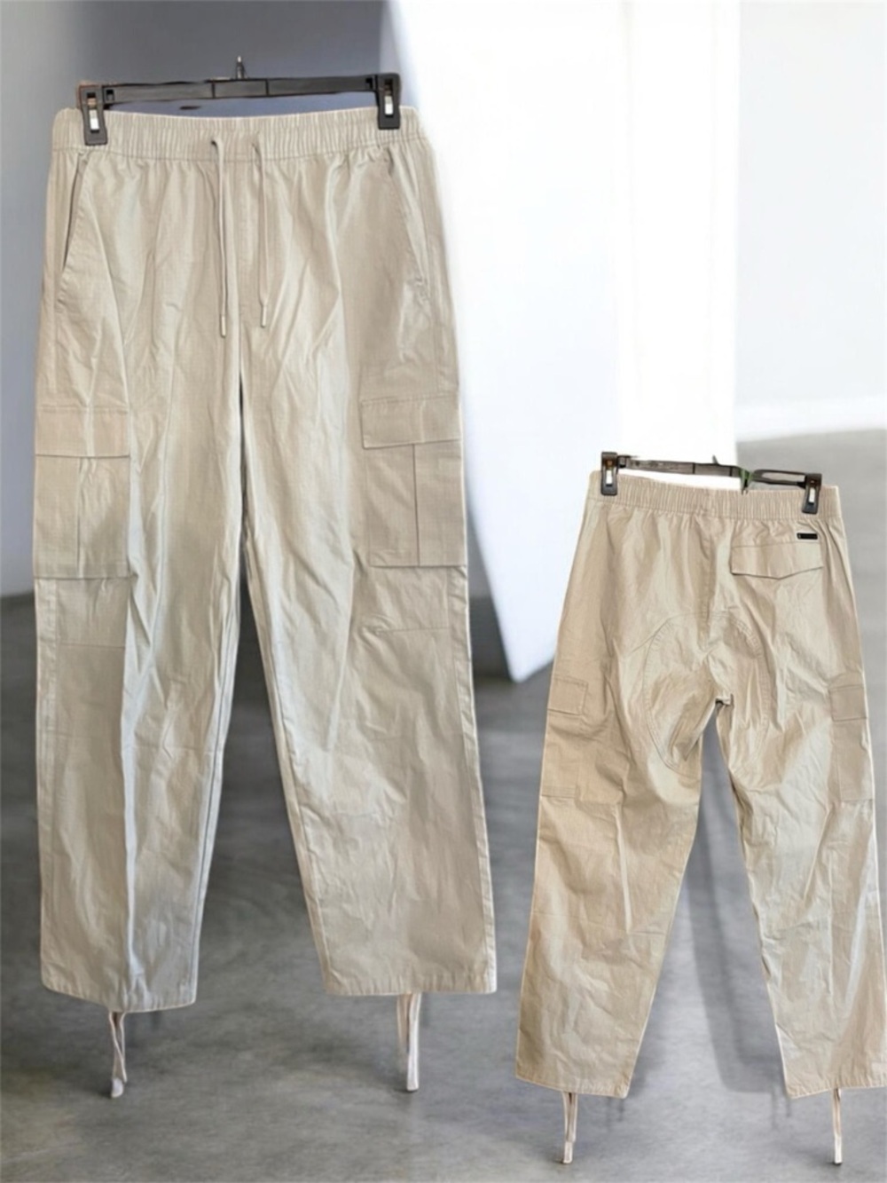 Maison Article Men's Tan Cargo Pants SZ M drawstring ankle elastic waist Pockets